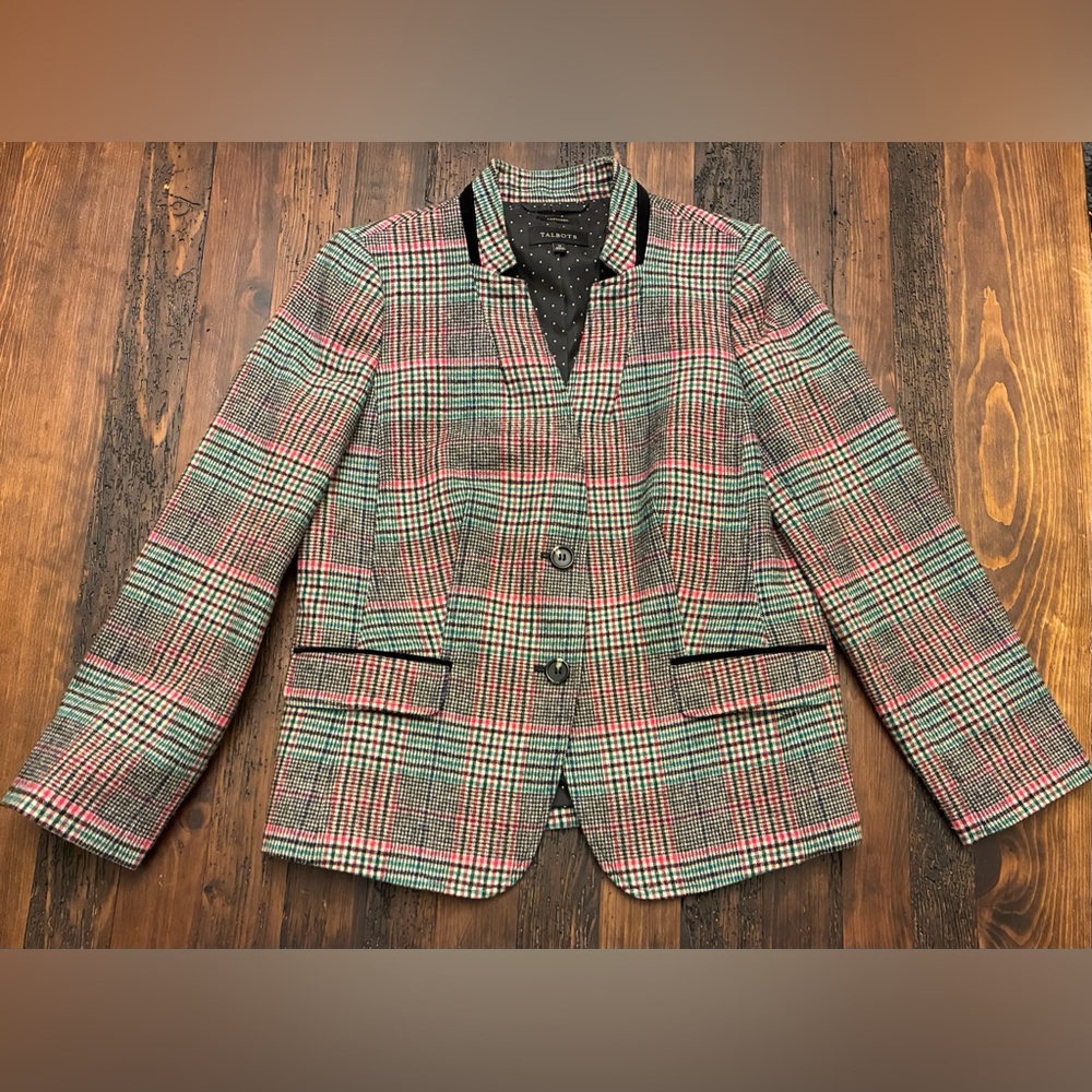 Talbots Aberdeen Blazer Wool Size 12 Velvet Trim Button Front Jacket Red Green L